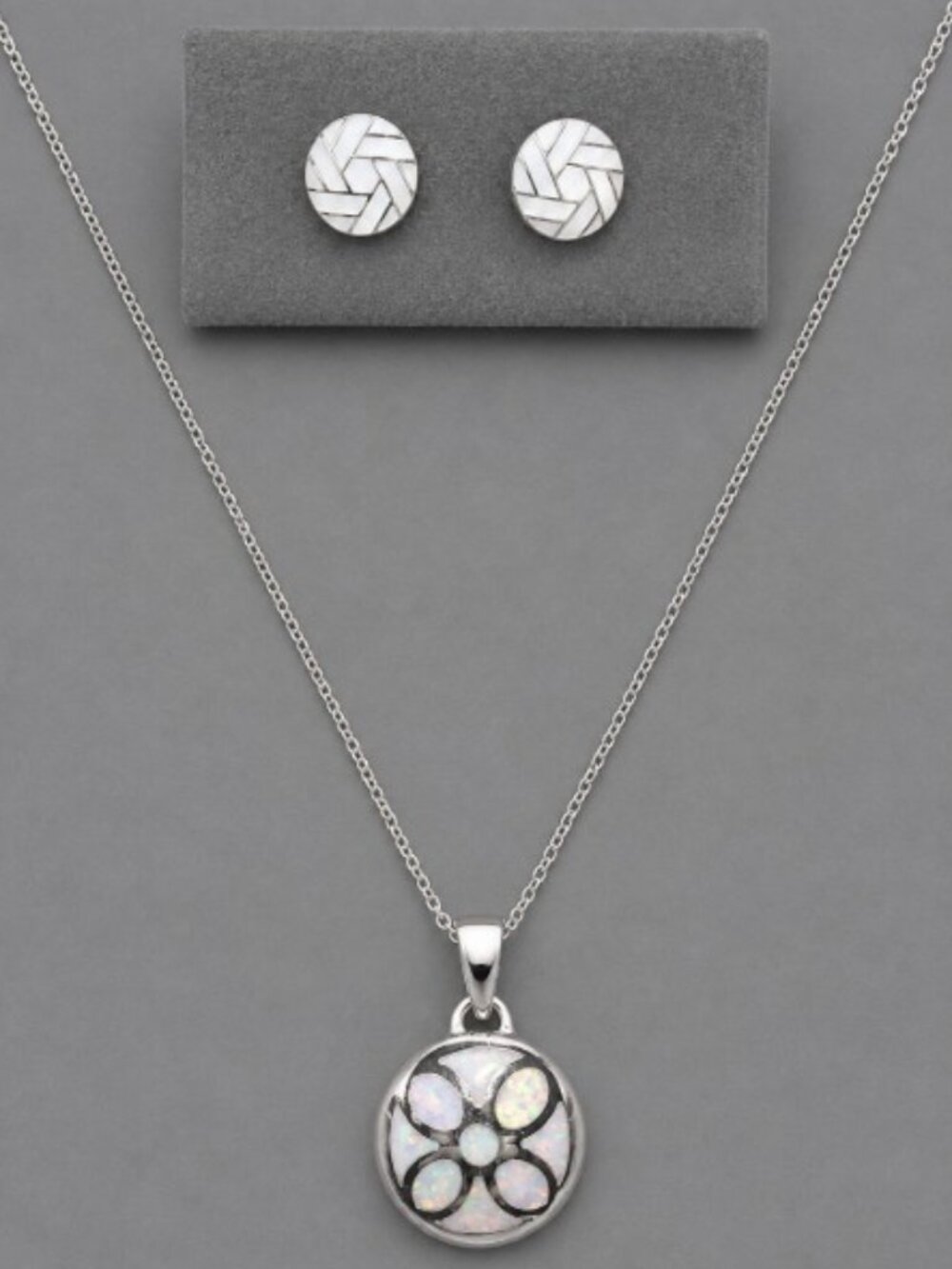 Faux Opal Inlay Stainless Steel Pendant On 12" Necklace & Matching Earrings Set